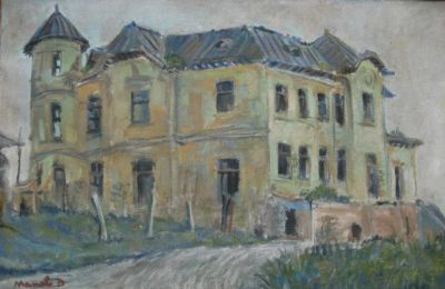 Rosetti Family Mansion
This painting by D Manole shows the derelict Rosetti family mansion. The mansion was built in 1912-16 to a very high standard and once had a major role in the area, with dairy, kindergarten and cinema, as well as acting as the administrative centre for the family's land holdings. The building was destroyed by the communist authorities in 1980 and the building materials were reused by local people.
Keywords: Tataraseni;Rosetti